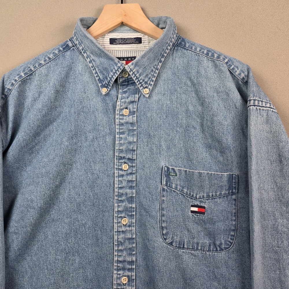 Tommy Jeans Vintage Denim Button Up Shirt Mens XL Light Wash Chest Pocket Flag